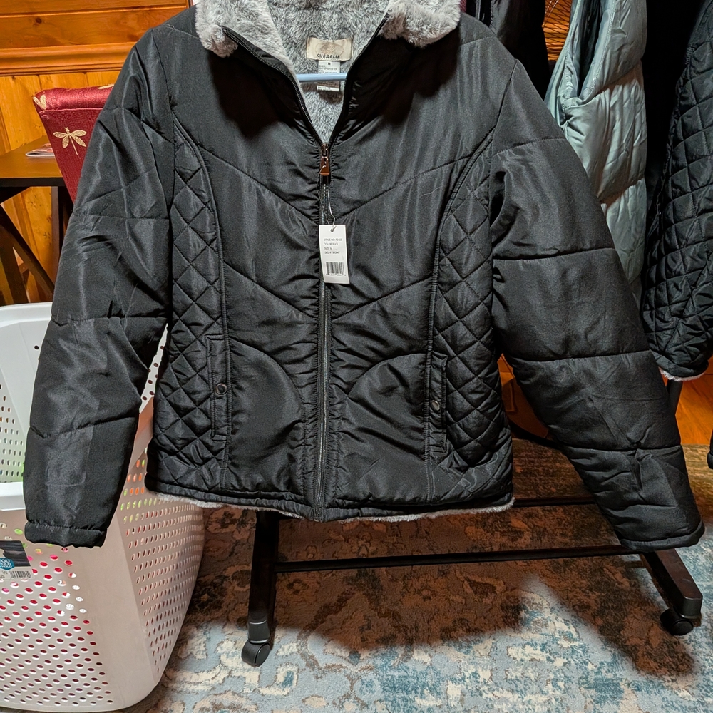 Black Quilted Jacket with Faux Fur Collar